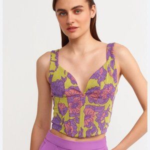 Zara Purple Green Floral Print Jacquard Corset Top Size M